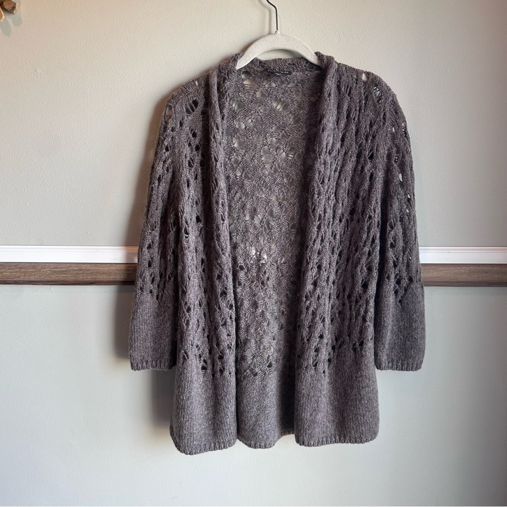 Eileen Fisher Gray Wool Mohair Cardigan Sweater Open Knit Longline​